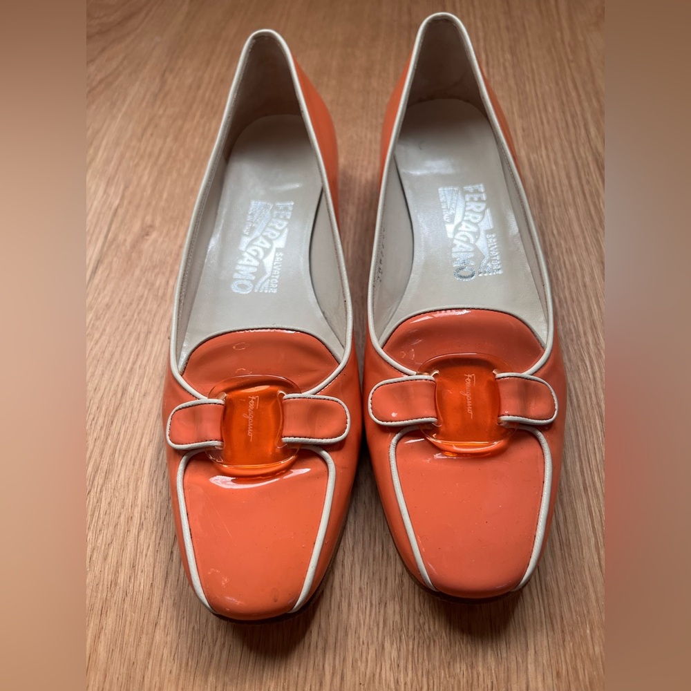 Salvatore Ferragamo orange patent leather pumps
